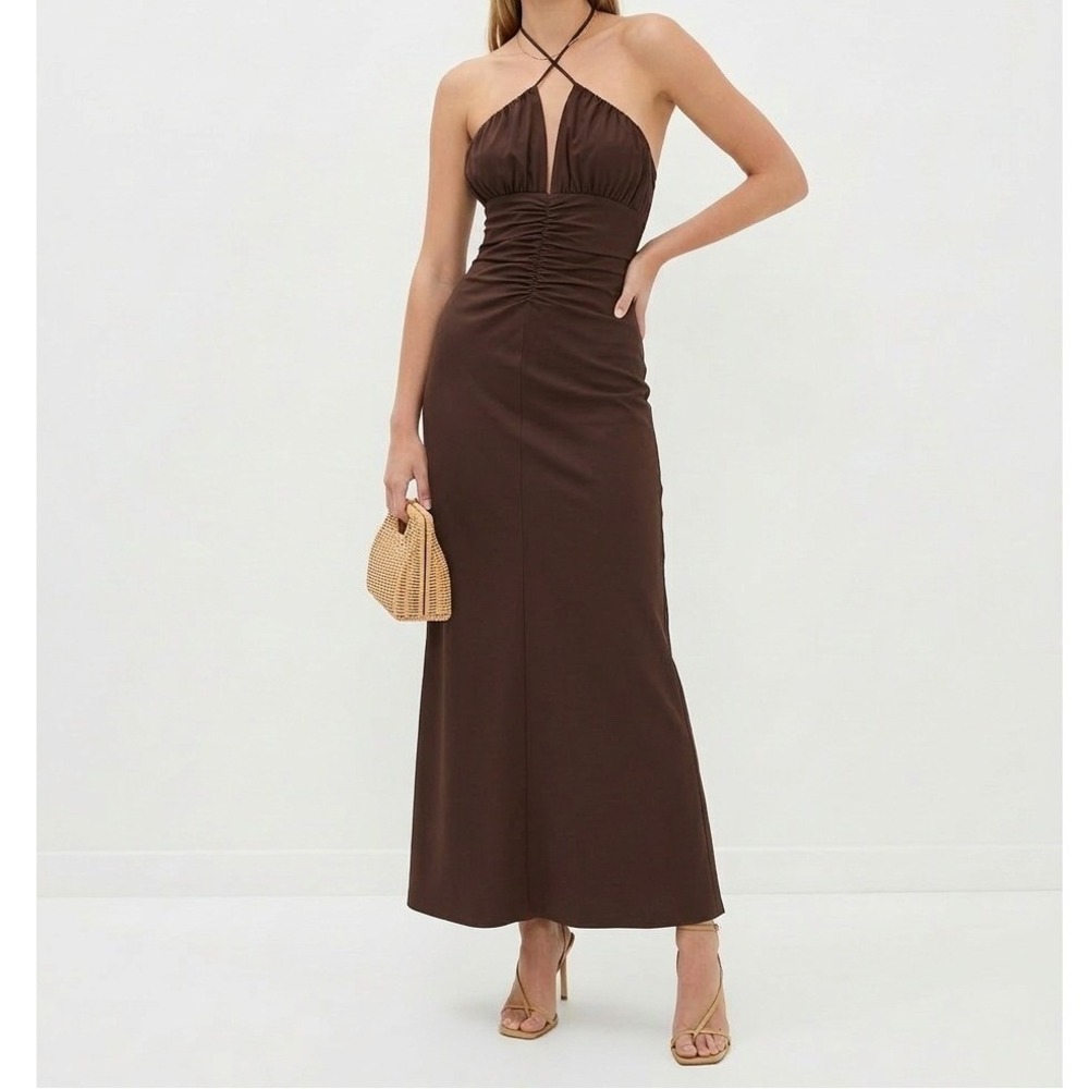 Riot Swim Dani Halter Maxi Dress S Ruched Backless Linen Resort Beach Brown NWT
